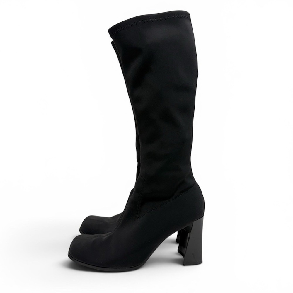 Wesley & Co Vintage 90s Y2K Black Sock Boots Knee High Square Toe Chunky Heel 6